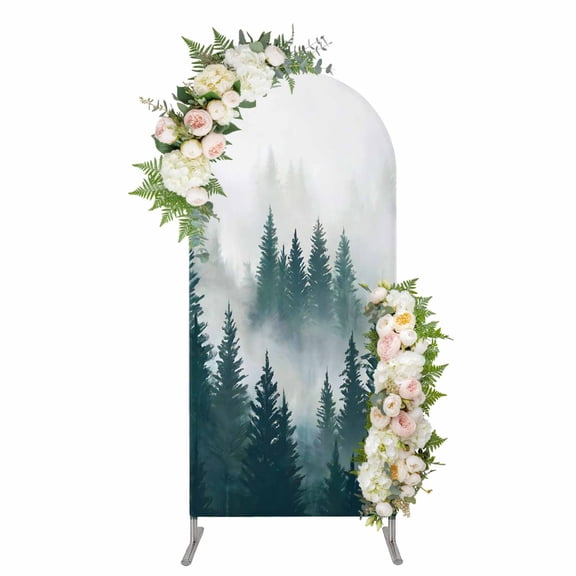 Arch Covers, Dark Green Pine Forest Arch Covers Stretchy Backdrop 7.2'x4', Misty Tree Clouds Nature Spandex Fitted Round Top Chiara Arches Backdrop Cover for Wedding Party Birthday Banquet
