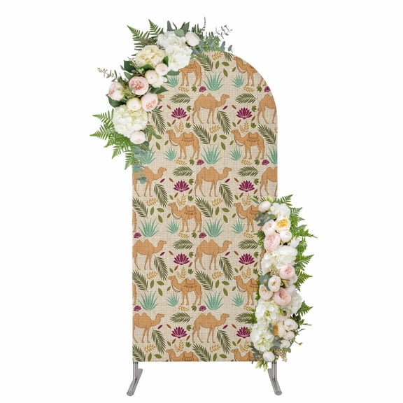 Arch Covers, Desert Camels Arch Covers Stretchy Backdrop 4'x1.65', Vintage Sand Animals Aloe Vera Leaves Beige Spandex Fitted Round Top Chiara Arches Backdrop Cover for Wedding Party Birthday Banquet
