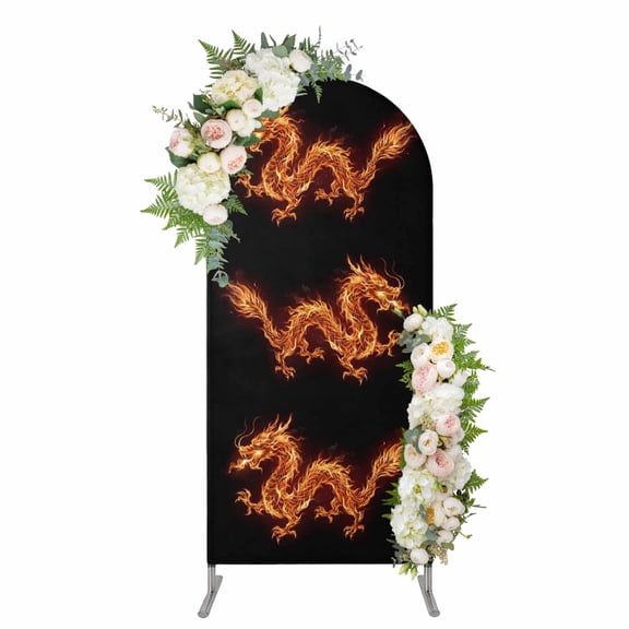 Arch Covers, Dragon Flames Arch Covers Stretchy Backdrop 4'x1.65', Orange Dragons Abstract Modern Art Spandex Fitted Round Top Chiara Arches Backdrop Cover for Wedding Party Birthday Banquet
