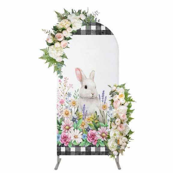Arch Covers, Easter Bunny Arch Covers Stretchy Backdrop 4'x1.65', Spring Daisy Flowers Rabbits Buffalo Plaid Spandex Fitted Round Top Chiara Arches Backdrop Cover for Wedding Party Birthday Banquet