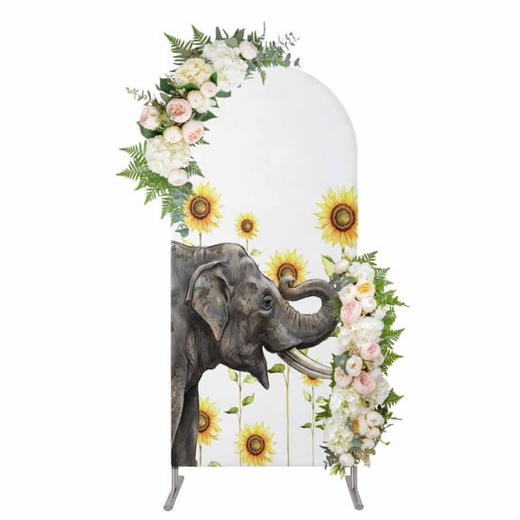 Arch Covers, Elephants Sunflowers Arch Covers Stretchy Backdrop 5'x2.1', Yellow Floral Modern Farmhouse Art Spandex Fitted Round Top Chiara Arches Backdrop Cover for Wedding Party Birthday Banquet