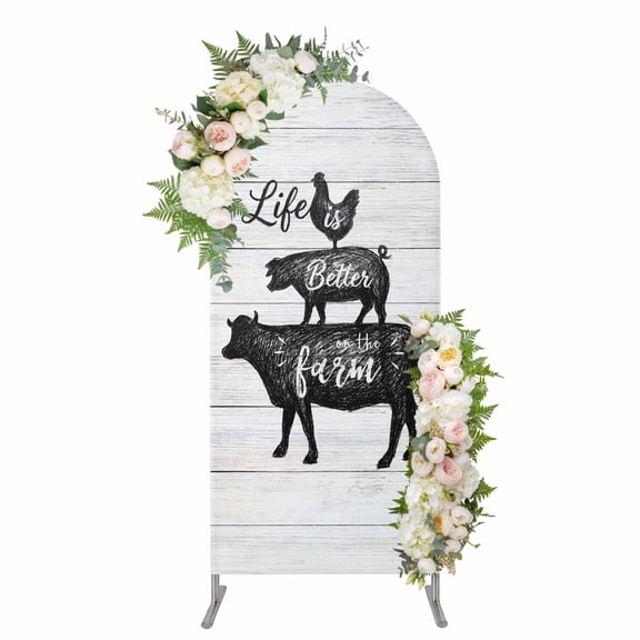 Arch Covers, Farm Animals Arch Covers Stretchy Backdrop 7.2'x4', Chicken Pig Cattle Rustic Retro Wooden Board Spandex Fitted Round Top Chiara Arches Backdrop Cover for Wedding Party Birthday Banquet