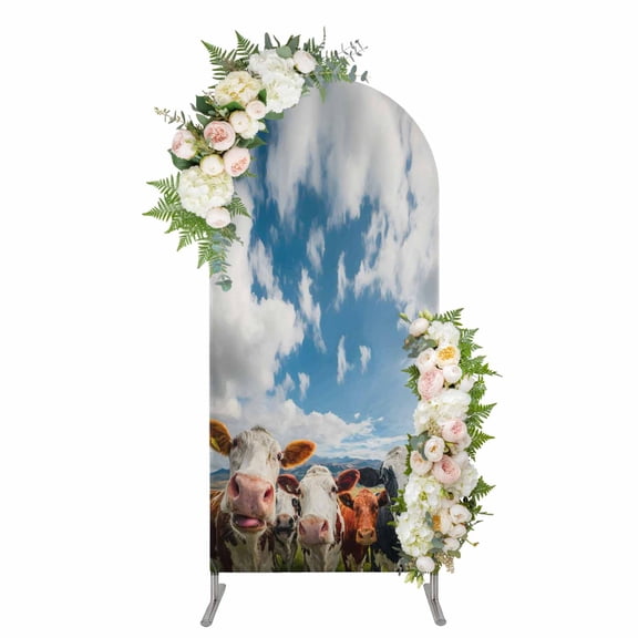 Arch Covers, Farmhouse Cow Arch Covers Stretchy Backdrop 4'x1.65', Blue Sky Green Grassland Hills Rustic Animals Spandex Round Top Chiara Arches Backdrop Cover for Wedding Party Birthday Banquet