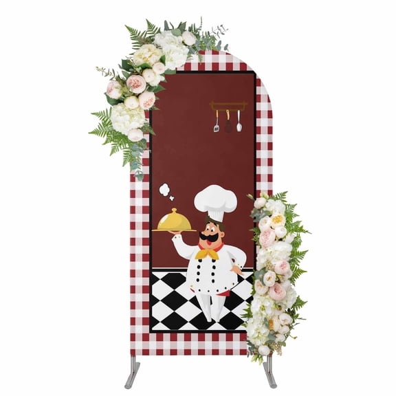 Arch Covers, Fat Chef Arch Covers Stretchy Backdrop 4'x1.65', Red Gourmet Kitchen Red Black Buffalo Plaid Spandex Fitted Round Top Chiara Arches Backdrop Cover for Wedding Party Birthday Banquet