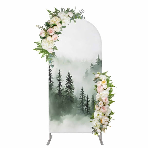 Arch Covers, Foggy Forest Arch Covers Stretchy Backdrop 6'x2.6', Green Mist Mountain Natural Landscape Spandex Fitted Round Top Chiara Arches Backdrop Cover for Wedding Party Birthday Banquet