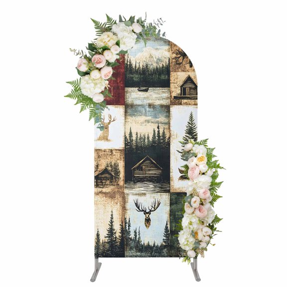Arch Covers, Forest Elk Arch Covers Stretchy Backdrop 6'x2.6', Farmhouse Pine Tree Rustic Green Red Spandex Fitted Round Top Chiara Arches Backdrop Cover for Wedding Party Birthday Banquet