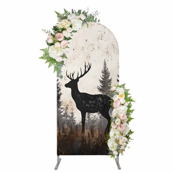 Arch Covers, Forest Elk Arch Covers Stretchy Backdrop 7.2'x4', Rustic Nature Tree Retro Deer Silhouette Spandex Fitted Round Top Chiara Arches Backdrop Cover for Wedding Party Birthday Banquet