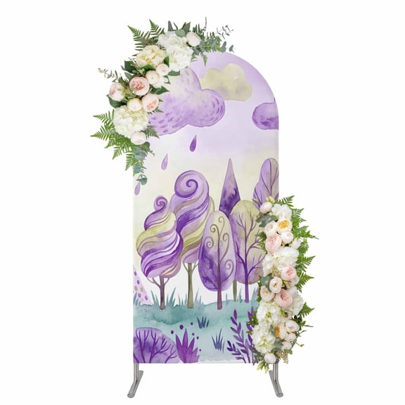 Arch Covers, Forest Simple Line-drawing Arch Covers Stretchy Backdrop 4'x1.65', Purple Colorful Tree Grass Spandex Fitted Round Top Chiara Arches Backdrop Cover for Wedding Party Birthday Banquet