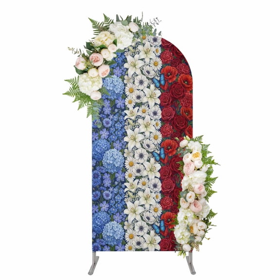 Arch Covers, French Flag Spring Floral Arch Covers Stretchy Backdrop 7.2'x4', Blue White Red Flowers Stripes Spandex Fitted Round Top Chiara Arches Backdrop Cover for Wedding Party Birthday Banquet