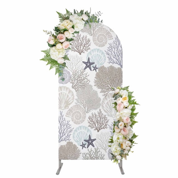 Arch Covers, Gray Shell Coral Arch Covers Stretchy Backdrop 5'x2.1', Coastal Summer Beach Nautical Ocean Spandex Fitted Round Top Chiara Arches Backdrop Cover for Wedding Party Birthday Banquet