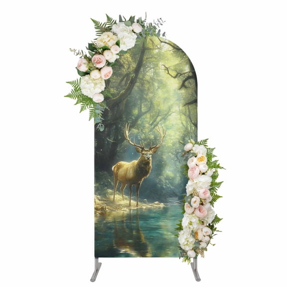 Arch Covers, Green Forest Deer Arch Covers Stretchy Backdrop 7.2'x4', Fantasy Vintage Nature Scenery Spandex Fitted Round Top Chiara Arches Backdrop Cover for Wedding Party Birthday Banquet