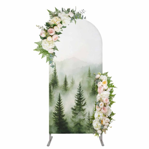 Arch Covers, Green Mist Forest Arch Covers Stretchy Backdrop 5'x2.1', Foggy Mountain Tree Nature Landscape Spandex Fitted Round Top Chiara Arches Backdrop Cover for Wedding Party Birthday Banquet
