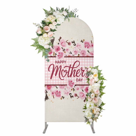 Arch Covers, Happy Mother's Day Arch Covers Stretchy Backdrop 4'x1.65', Pink Floral Buffalo Plaid Burlap Spandex Fitted Round Top Chiara Arches Backdrop Cover for Wedding Party Birthday Banquet
