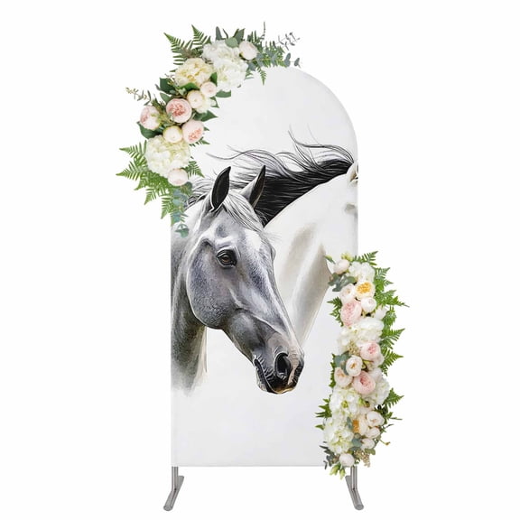 Arch Covers, Horse Print Arch Covers Stretchy Backdrop 4'x1.65', Modern Watercolor Grey White Animals Spandex Fitted Round Top Chiara Arches Backdrop Cover for Wedding Party Birthday Banquet