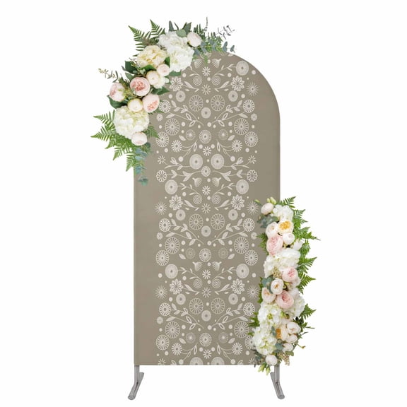 Arch Covers, Japanese Arch Covers Stretchy Backdrop 4'x1.65', Grey Simple Traditional Flowers Leaves Pattern Spandex Fitted Round Top Chiara Arches Backdrop Cover for Wedding Party Birthday Banquet