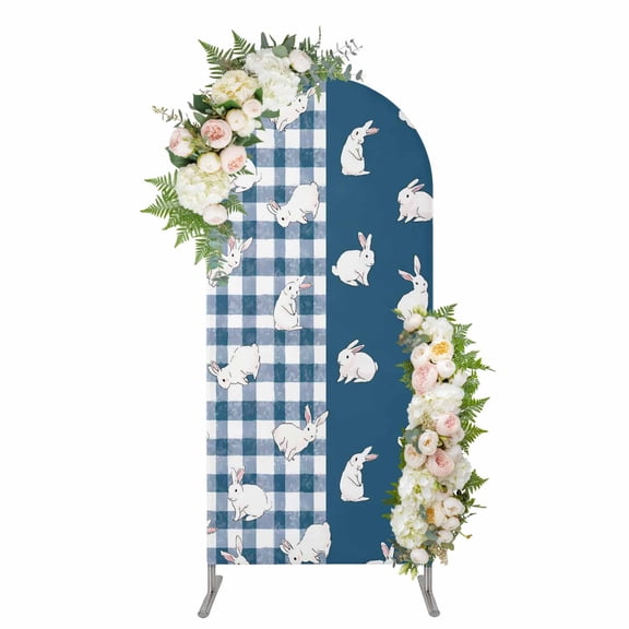 Arch Covers, Japanese Rabbits Arch Covers Stretchy Backdrop 4'x1.65', Vintage Navy Blue Farmhouse Checkered Spandex Fitted Round Top Chiara Arches Backdrop Cover for Wedding Party Birthday Banquet