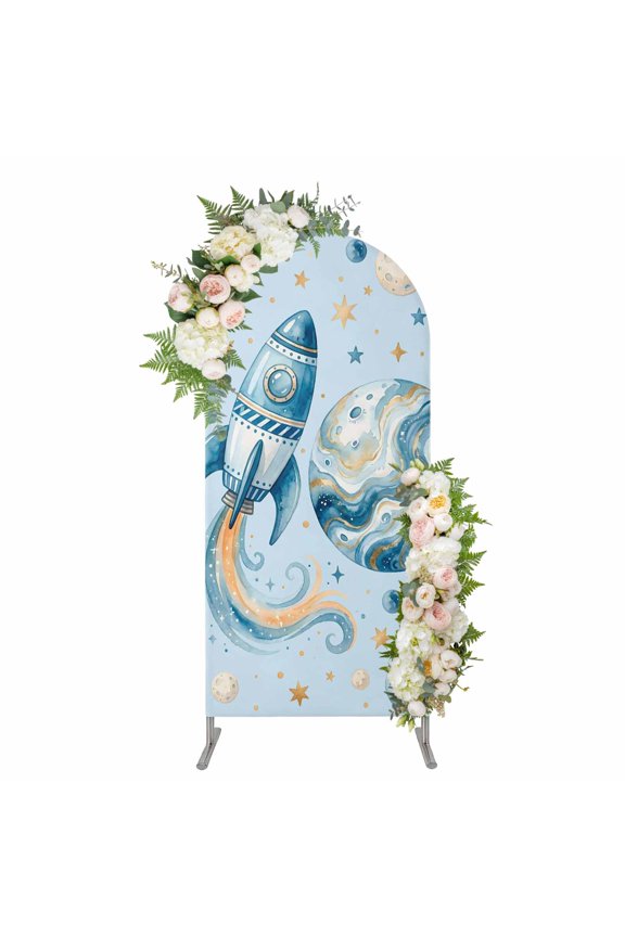 Arch Covers, Light Blue Space Rocket Arch Covers Stretchy Backdrop 4'x1.65', Modena Abstract Universe Planet Spandex Fitted Round Top Chiara Arches Backdrop Cover for Wedding Party Birthday Banquet