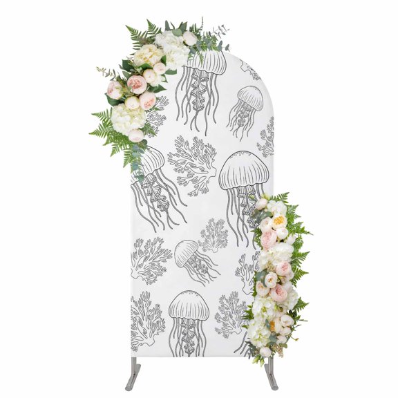 Arch Covers, Line Drawing Jellyfish Arch Covers Stretchy Backdrop 6'x2.6', Summer Coastal Nautical Coral Spandex Fitted Round Top Chiara Arches Backdrop Cover for Wedding Party Birthday Banquet