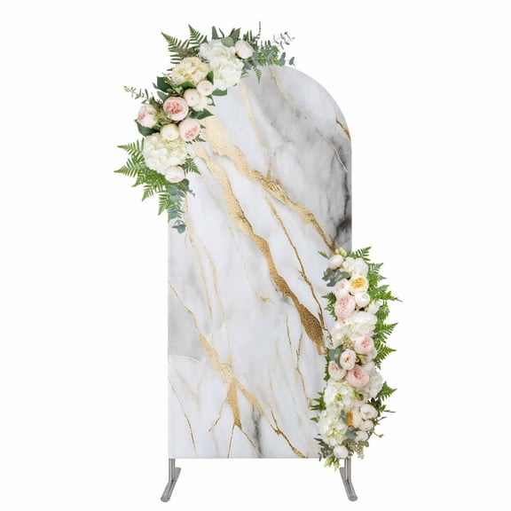 Arch Covers, Marble White Gold Arch Covers Stretchy Backdrop 6.6'x3.3', Abstract Simple Marble Geometric Spandex Fitted Round Top Chiara Arches Backdrop Cover for Wedding Party Birthday Banquet