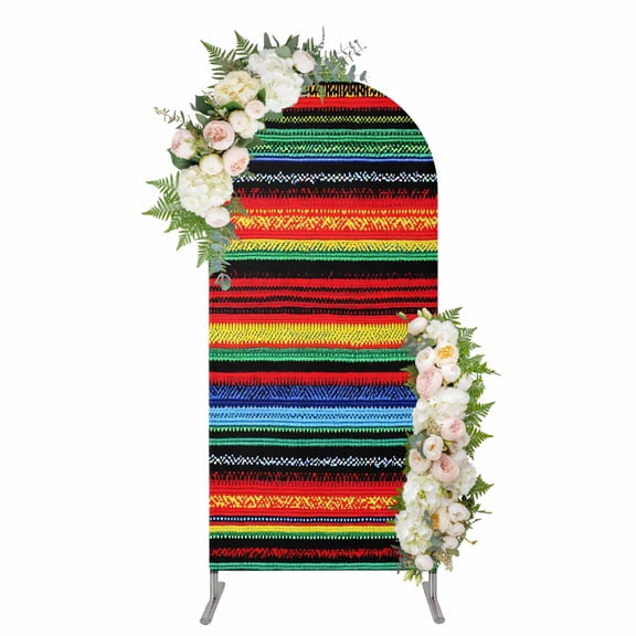 Arch Covers, Mexico Stripes Arch Covers Stretchy Backdrop 6'x2.6', Colored Abstract Striped Orange Red Boho Spandex Fitted Round Top Chiara Arches Backdrop Cover for Wedding Party Birthday Banquet