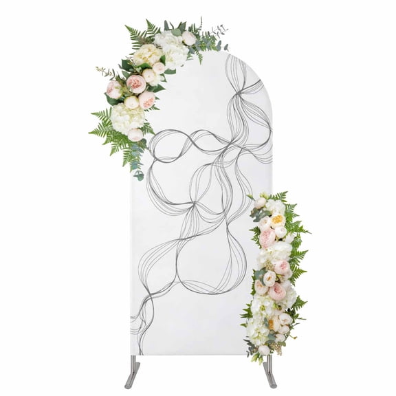 Arch Covers, Modern White Arch Covers Stretchy Backdrop 4'x1.65', Minimalist Abstract Ribbon A Sketch Rt Spandex Fitted Round Top Chiara Arches Backdrop Cover for Wedding Party Birthday Banquet