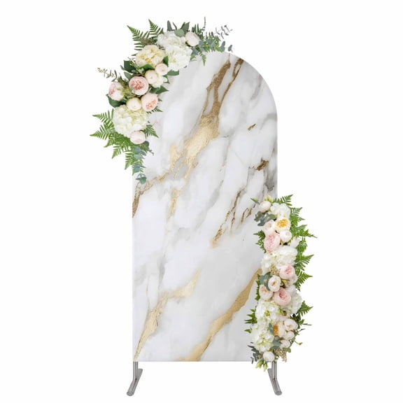 Arch Covers, Modern White Gold Arch Covers Stretchy Backdrop 6'x2.6', Abstract Marble Geometric Spandex Fitted Round Top Chiara Arches Backdrop Cover for Wedding Party Birthday Banquet