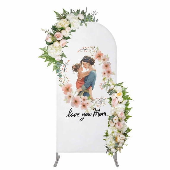 Arch Covers, Mother's Day Arch Covers Stretchy Backdrop 5'x2.1', Love You Mom Watercolor Orange Flowers Spandex Fitted Round Top Chiara Arches Backdrop Cover for Wedding Party Birthday Banquet