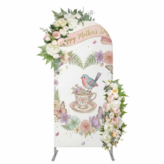 Arch Covers, Mother's Day Arch Covers Stretchy Backdrop 5'x2.1', Watercolor Floral Butterfly Wreath Birds Beige Spandex Round Top Chiara Arches Backdrop Cover for Wedding Party Birthday Banquet