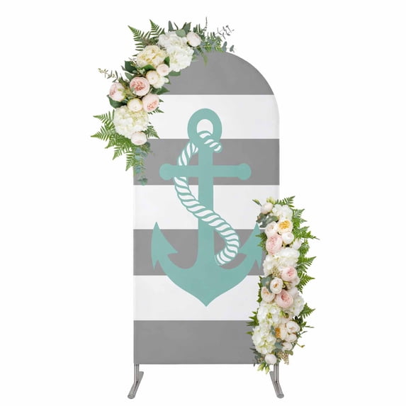 Arch Covers, Nautical Anchor Arch Covers Stretchy Backdrop 5'x2.1', Turquoise Grey White Horizontal Stripe Spandex Fitted Round Top Chiara Arches Backdrop Cover for Wedding Party Birthday Banquet