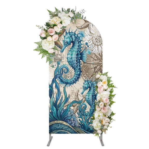 Arch Covers, Nautical Coastal Arch Covers Stretchy Backdrop 4'x1.65', Retro Marine Life Seahorse Compass Map Beige Spandex Round Top Chiara Arches Backdrop Cover for Wedding Party Birthday Banquet