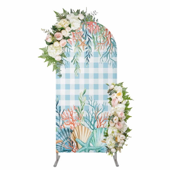 Arch Covers, Nautical Coastal Arch Covers Stretchy Backdrop 4'x1.65', Summer Beach Shell Coral Seaweed Blue Plaid Spandex Round Top Chiara Arches Backdrop Cover for Wedding Party Birthday Banquet