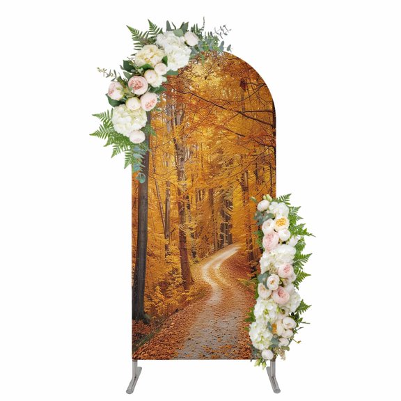Arch Covers, Orange Forest Arch Covers Stretchy Backdrop 4'x1.65', Fall Tree Botanical Maple Leaf Spandex Fitted Round Top Chiara Arches Backdrop Cover for Wedding Party Birthday Banquet