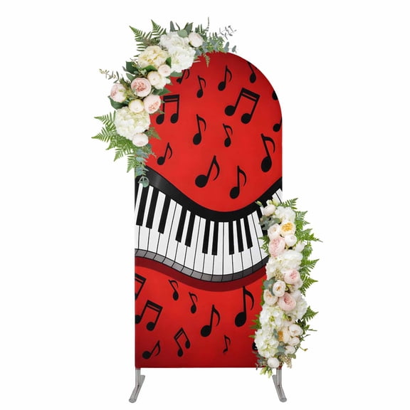 Arch Covers, Piano Keyboards Arch Covers Stretchy Backdrop 7.2'x4', Musical Notes Vintage Red Spandex Fitted Round Top Chiara Arches Backdrop Cover for Wedding Party Birthday Banquet