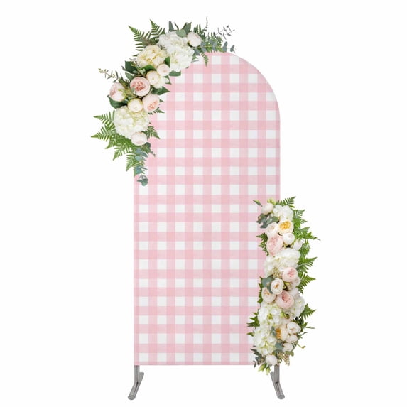 Arch Covers, Pink Buffalo Plaid Arch Covers Stretchy Backdrop 6'x2.6', Farmhouse Pink White Checkered Spandex Fitted Round Top Chiara Arches Backdrop Cover for Wedding Party Birthday Banquet