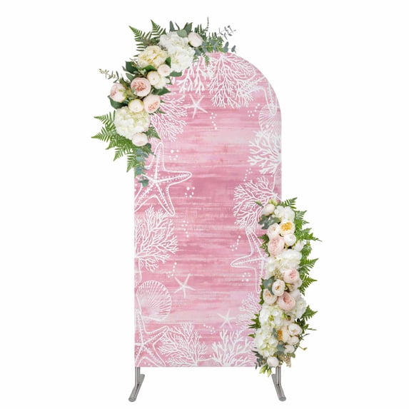 Arch Covers, Pink Coastal Arch Covers Stretchy Backdrop 6'x2.6', Summer Ocean Sea Ombre Starfish Corals Spandex Fitted Round Top Chiara Arches Backdrop Cover for Wedding Party Birthday Banquet
