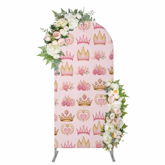 Arch Covers, Pink Floral Crown Arch Covers Stretchy Backdrop 4'x1.65', Spring Floral Roses Elegant Pastoral Spandex Fitted Round Top Chiara Arches Backdrop Cover for Wedding Party Birthday Banquet