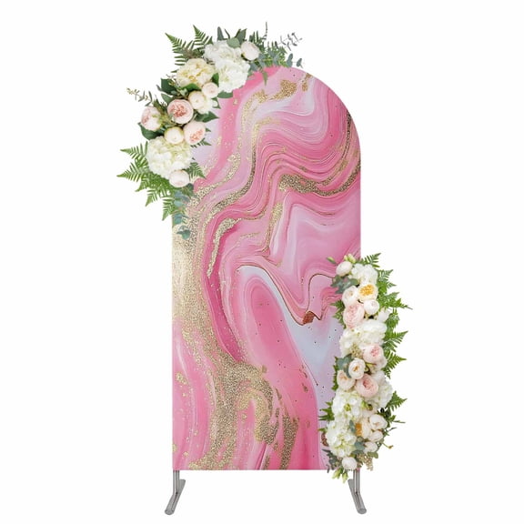 Arch Covers, Pink Marble Arch Covers Stretchy Backdrop 4'x1.65', Modern Abstract Luxury Golden Artwork Spandex Fitted Round Top Chiara Arches Backdrop Cover for Wedding Party Birthday Banquet