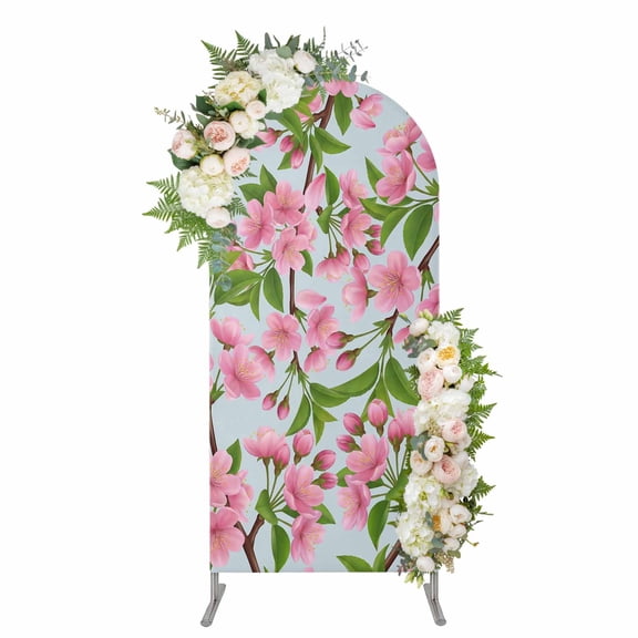 Arch Covers, Pink Peach Flowers Arch Covers Stretchy Backdrop 6'x2.6', Spring Botanical Watercolor Floral Blue Spandex Fitted Round Top Chiara Arches Backdrop Cover for Wedding Party Birthday Banquet