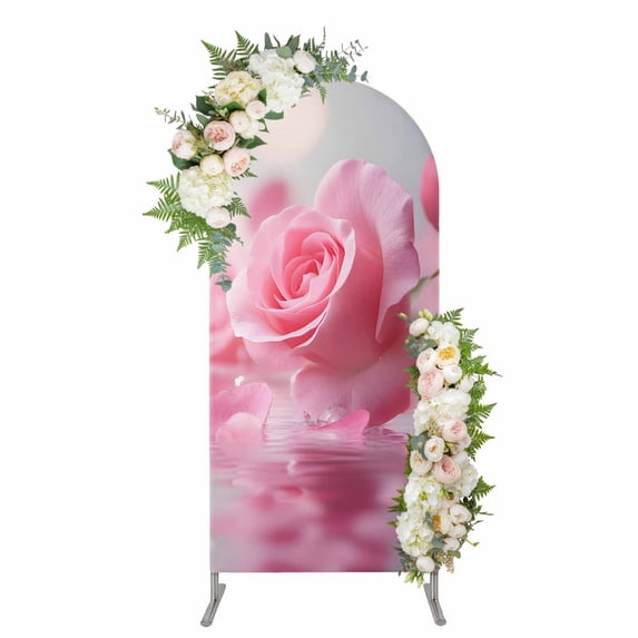Arch Covers, Pink Rose Fantasy Arch Covers Stretchy Backdrop 5'x2.1', Elegance Floral Romantic Reflection Spandex Fitted Round Top Chiara Arches Backdrop Cover for Wedding Party Birthday Banquet