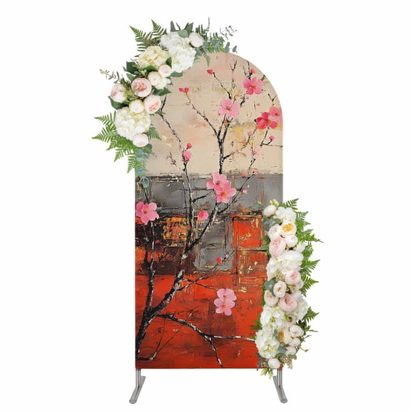 Arch Covers, Plum Blossom Arch Covers Stretchy Backdrop 7.2'x4', Retro Flowers Country Nostalgic Spandex Fitted Round Top Chiara Arches Backdrop Cover for Wedding Party Birthday Banquet