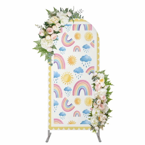 Arch Covers, Rainbow Sunshine Arch Covers Stretchy Backdrop 6.6'x3.3', Rainy Cute Yellow Border Spandex Fitted Round Top Chiara Arches Backdrop Cover for Wedding Party Birthday Banquet