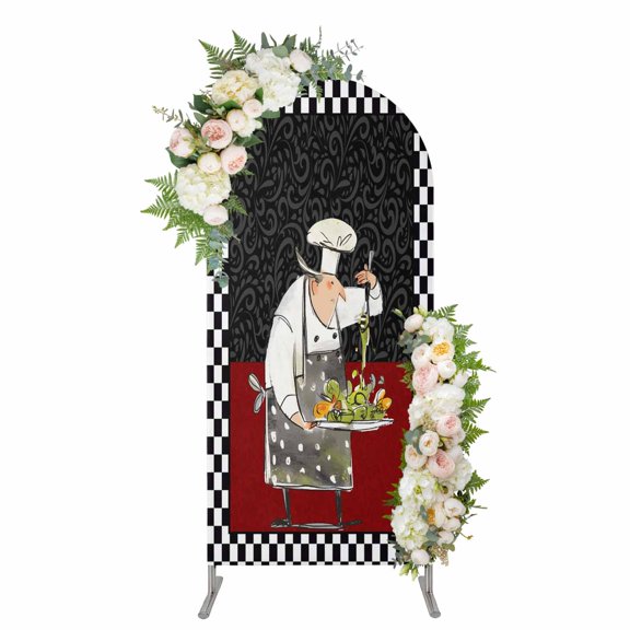 Arch Covers, Red Black Chef Arch Covers Stretchy Backdrop 5'x2.1', Cartoon Cute Watercolor Cooking Plaid Spandex Fitted Round Top Chiara Arches Backdrop Cover for Wedding Party Birthday Banquet