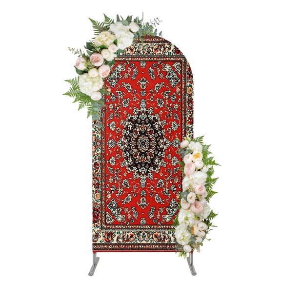 Arch Covers, Red Bohemian Arch Covers Stretchy Backdrop 4'x1.65', Boho Flower Abstract Modern Retro Art Spandex Fitted Round Top Chiara Arches Backdrop Cover for Wedding Party Birthday Banquet