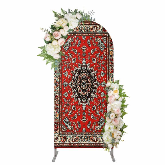 Arch Covers, Red Bohemian Arch Covers Stretchy Backdrop 5'x2.1', Boho Flower Abstract Modern Retro Art Spandex Fitted Round Top Chiara Arches Backdrop Cover for Wedding Party Birthday Banquet