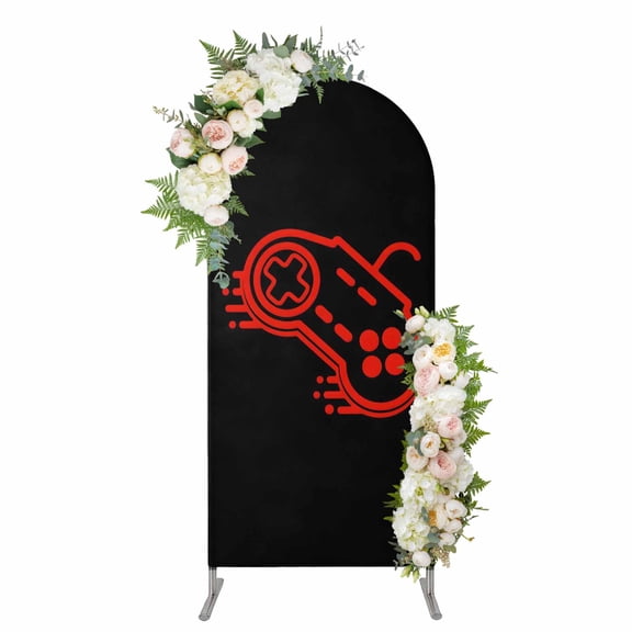 Arch Covers, Red Game Controller Arch Covers Stretchy Backdrop 4'x1.65', Modern Art Gaming Handheld Black Spandex Fitted Round Top Chiara Arches Backdrop Cover for Wedding Party Birthday Banquet