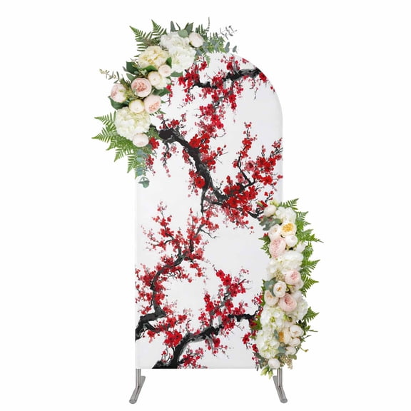 Arch Covers, Red Plum Arch Covers Stretchy Backdrop 6'x2.6', Nature Flowers Branches Chinese Painting Spandex Fitted Round Top Chiara Arches Backdrop Cover for Wedding Party Birthday Banquet