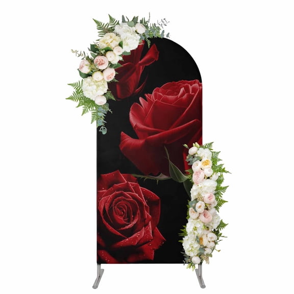 Arch Covers, Red Rose Arch Covers Stretchy Backdrop 6'x2.6', Vintage Abstract Garden Flower Floral Black Spandex Fitted Round Top Chiara Arches Backdrop Cover for Wedding Party Birthday Banquet