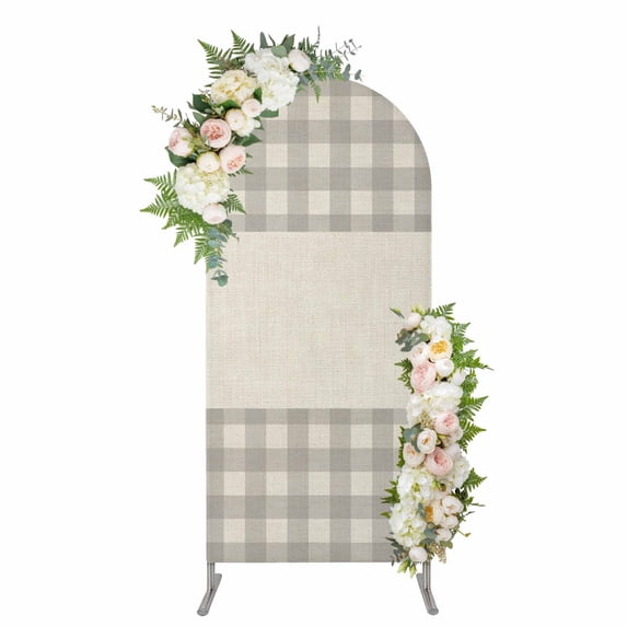 Arch Covers, Retro Grey Arch Covers Stretchy Backdrop 6'x2.6', Farmhouse Buffalo Plaid Vintage Beige Spandex Fitted Round Top Chiara Arches Backdrop Cover for Wedding Party Birthday Banquet