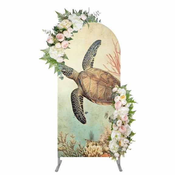 Arch Covers, Retro Turtle Arch Covers Stretchy Backdrop 4'x1.65', Ocean Coral Reef Coastal Underwater Sea Spandex Fitted Round Top Chiara Arches Backdrop Cover for Wedding Party Birthday Banquet