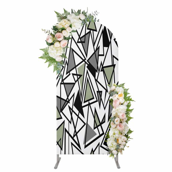 Arch Covers, Sage Green Black Geometric Arch Covers Stretchy Backdrop 5'x2.1', Abstract Art Modern Line Spandex Fitted Round Top Chiara Arches Backdrop Cover for Wedding Party Birthday Banquet
